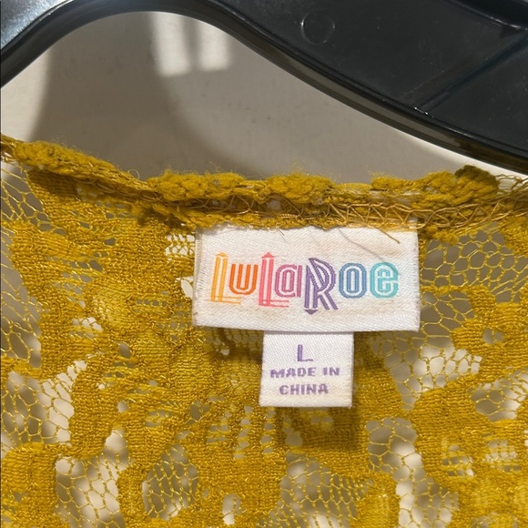 LuLaRoe Mustard Gold Lace Short Sleeve Cardigan French blue Fringe large duster - Picture 3 of 7